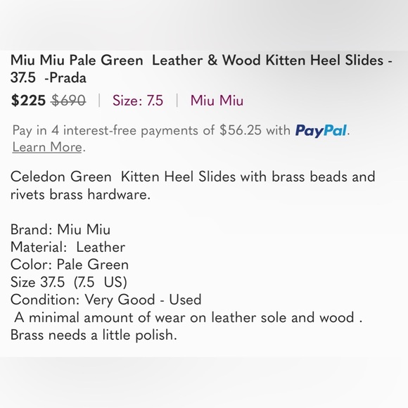 Miu Miu Pale Green  Leather & Wood Kitten Heel Slides - 37.5  -Prada - Picture 5 of 7